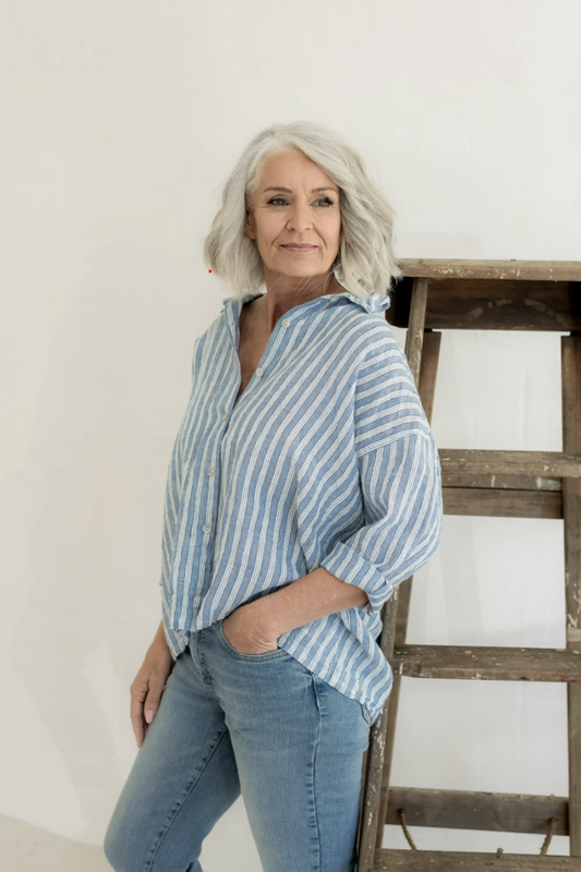 MEG BY DESIGN HAMILTON LINEN SHIRT PINSTRIPE