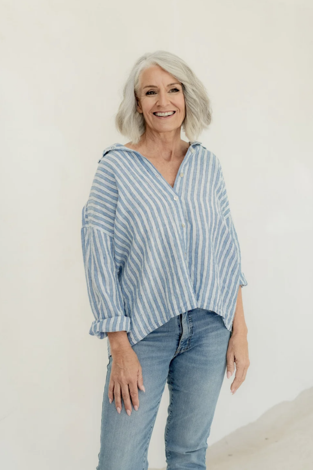 MEG BY DESIGN HAMILTON LINEN SHIRT PINSTRIPE