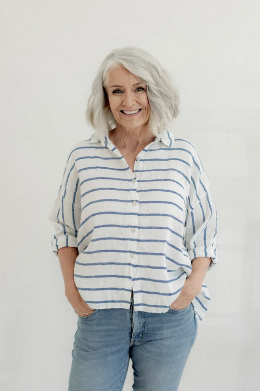 MEG BY DESIGN HAMILTON LINEN SHIRT BLUE NAUTICAL STRIPE