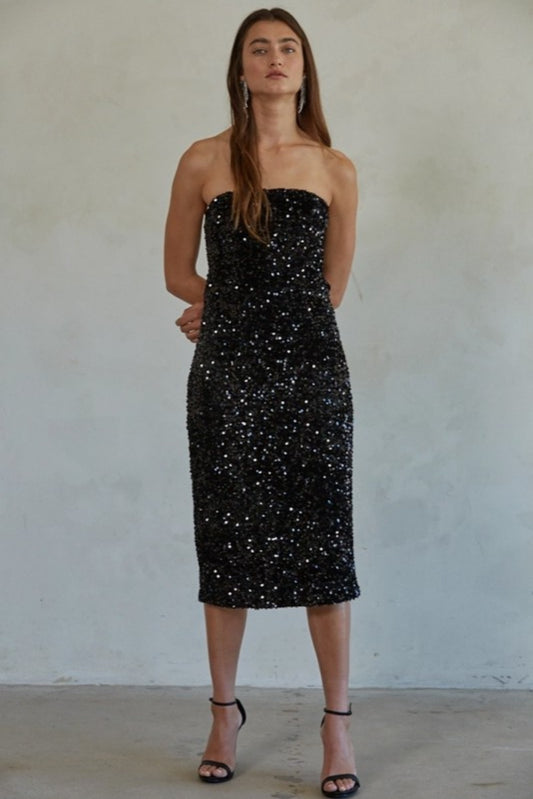 HAPPILY EVER AFTER SEQUIN MIDI DRESS BLACK