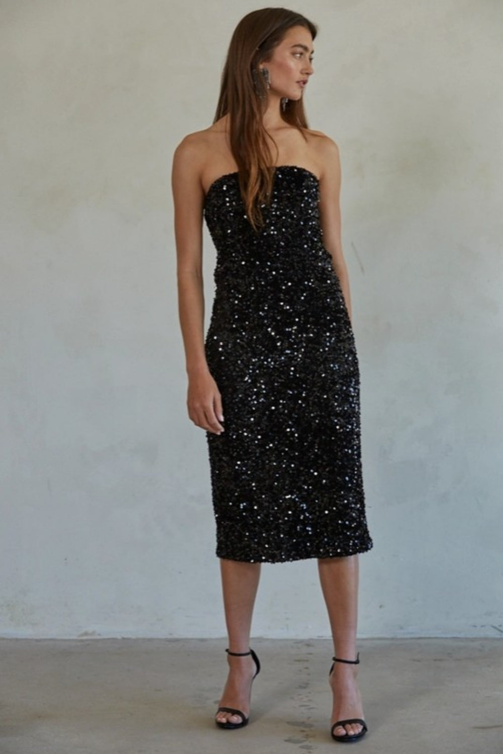 HAPPILY EVER AFTER SEQUIN MIDI DRESS BLACK
