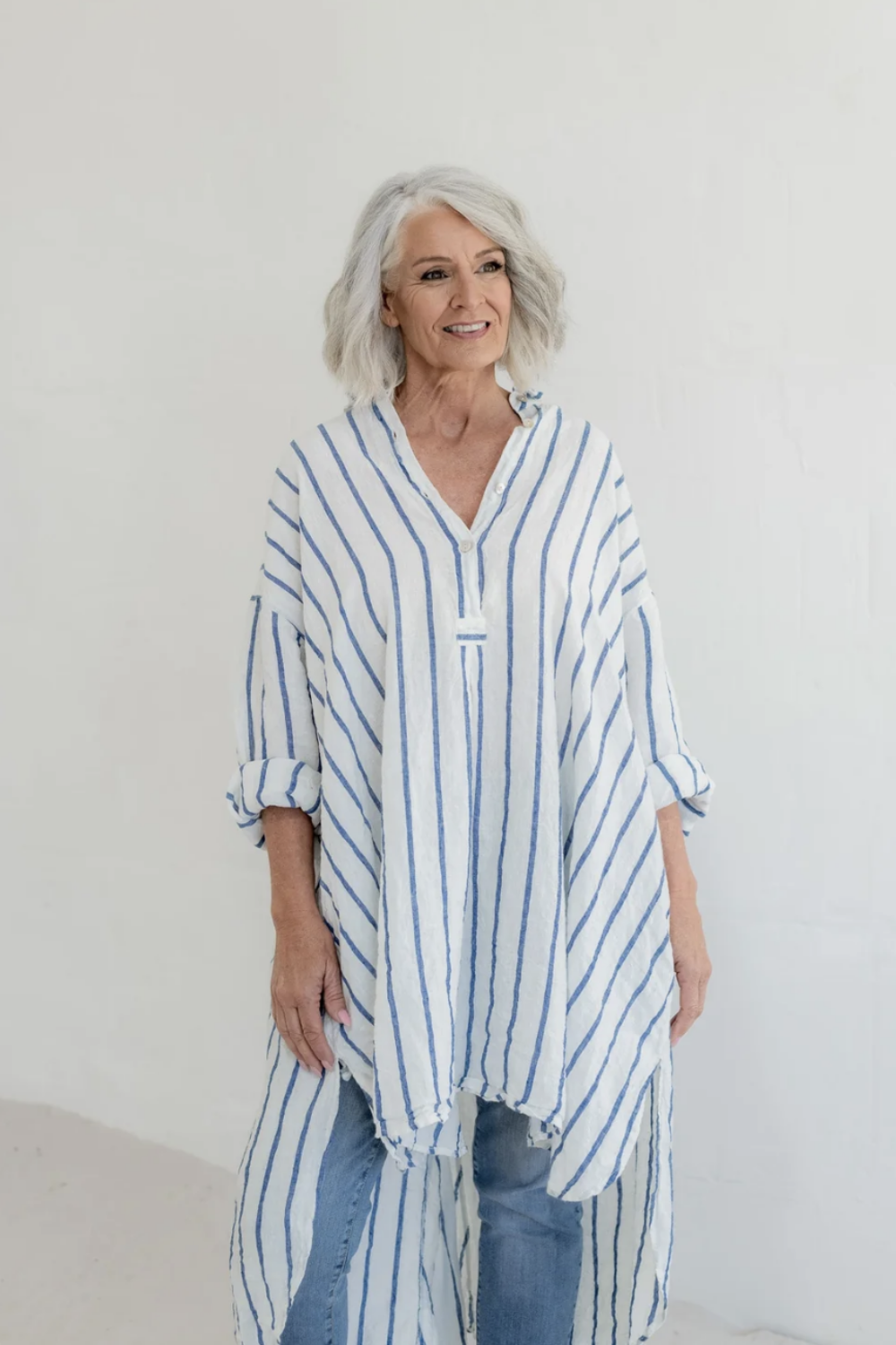 MEG BY DESIGN HARPER LINEN SHIRT BLUE NAUTICAL STRIPE