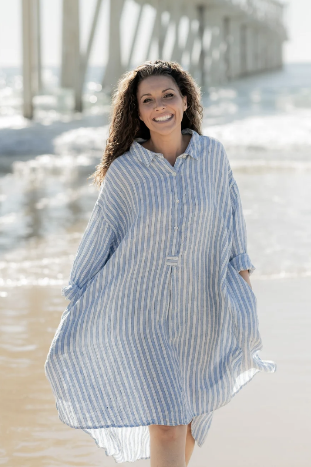 MEG BY DESIGN HARPER LINEN SHIRT BLUE BOAT STRIPE