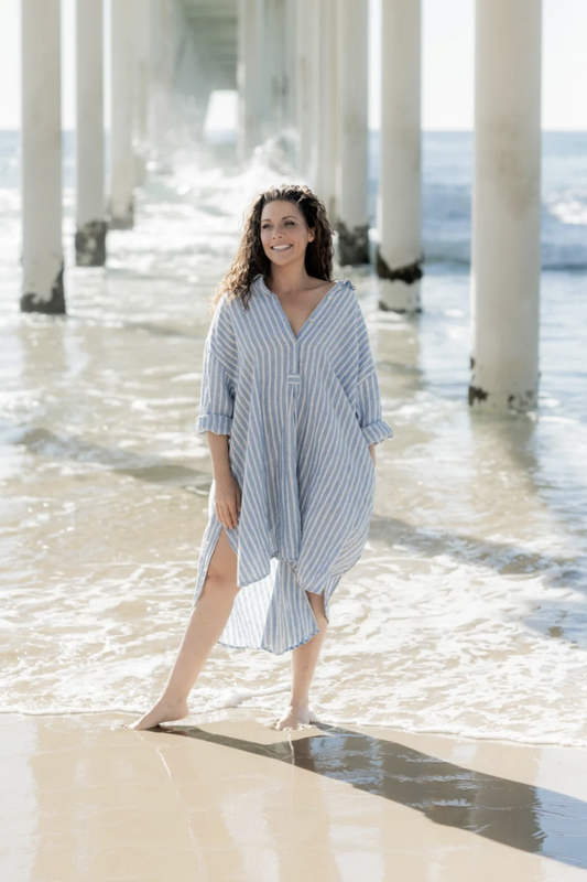 MEG BY DESIGN HARPER LINEN SHIRT BLUE BOAT STRIPE