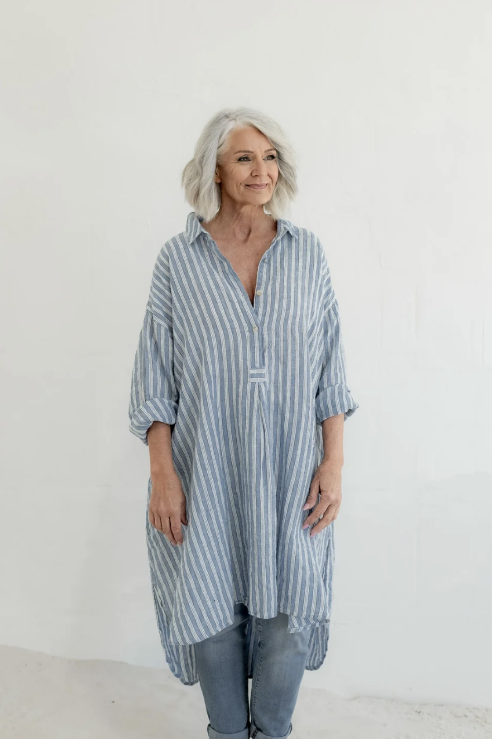 MEG BY DESIGN HARPER LINEN SHIRT BLUE BOAT STRIPE