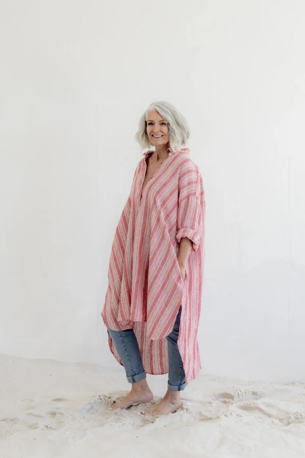 MEG BY DESIGN HARPER LINEN SHIRT RED TICKING