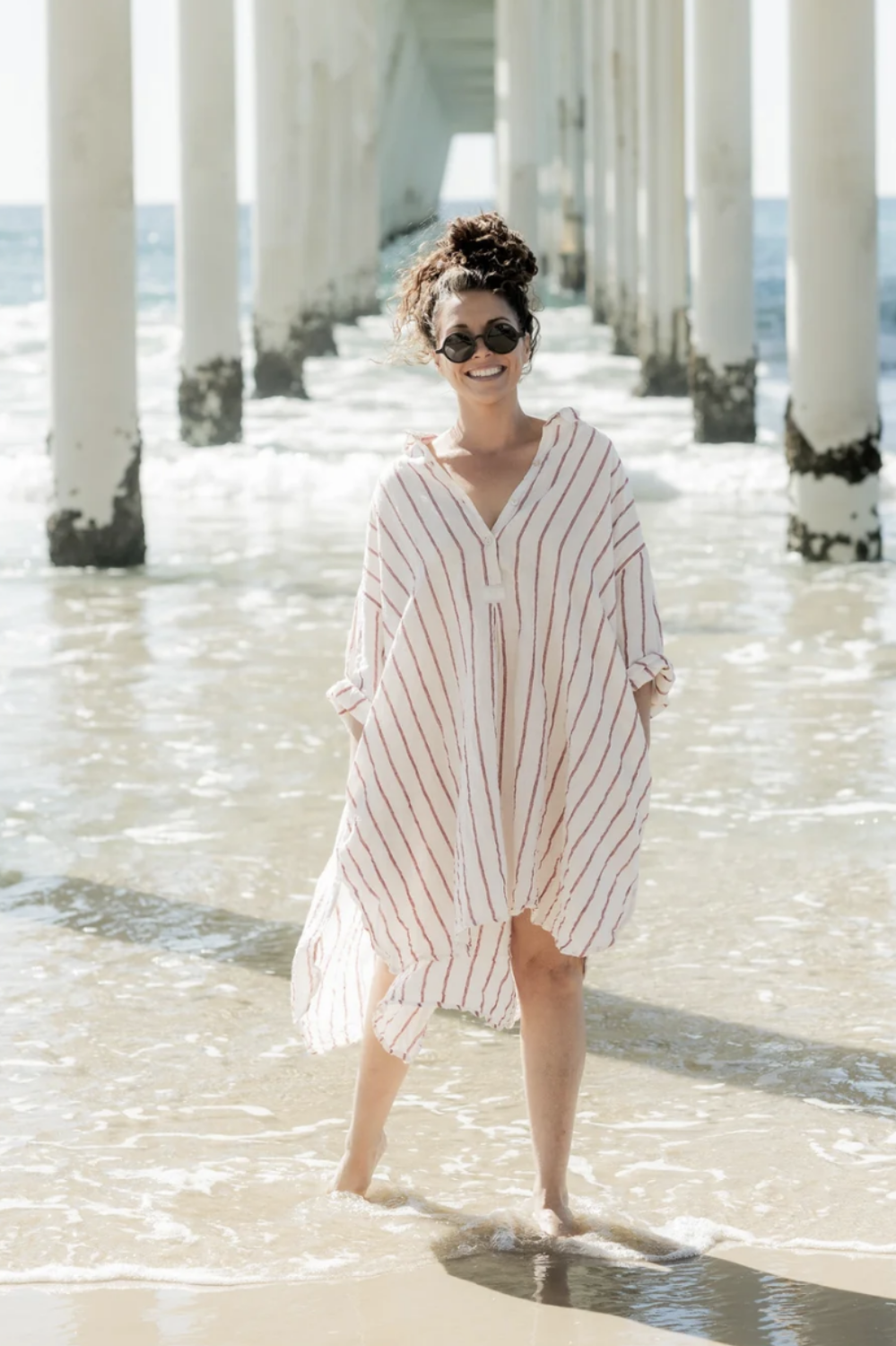 MEG BY DESIGN HARPER LINEN SHIRT RED NAUTICAL STRIPE