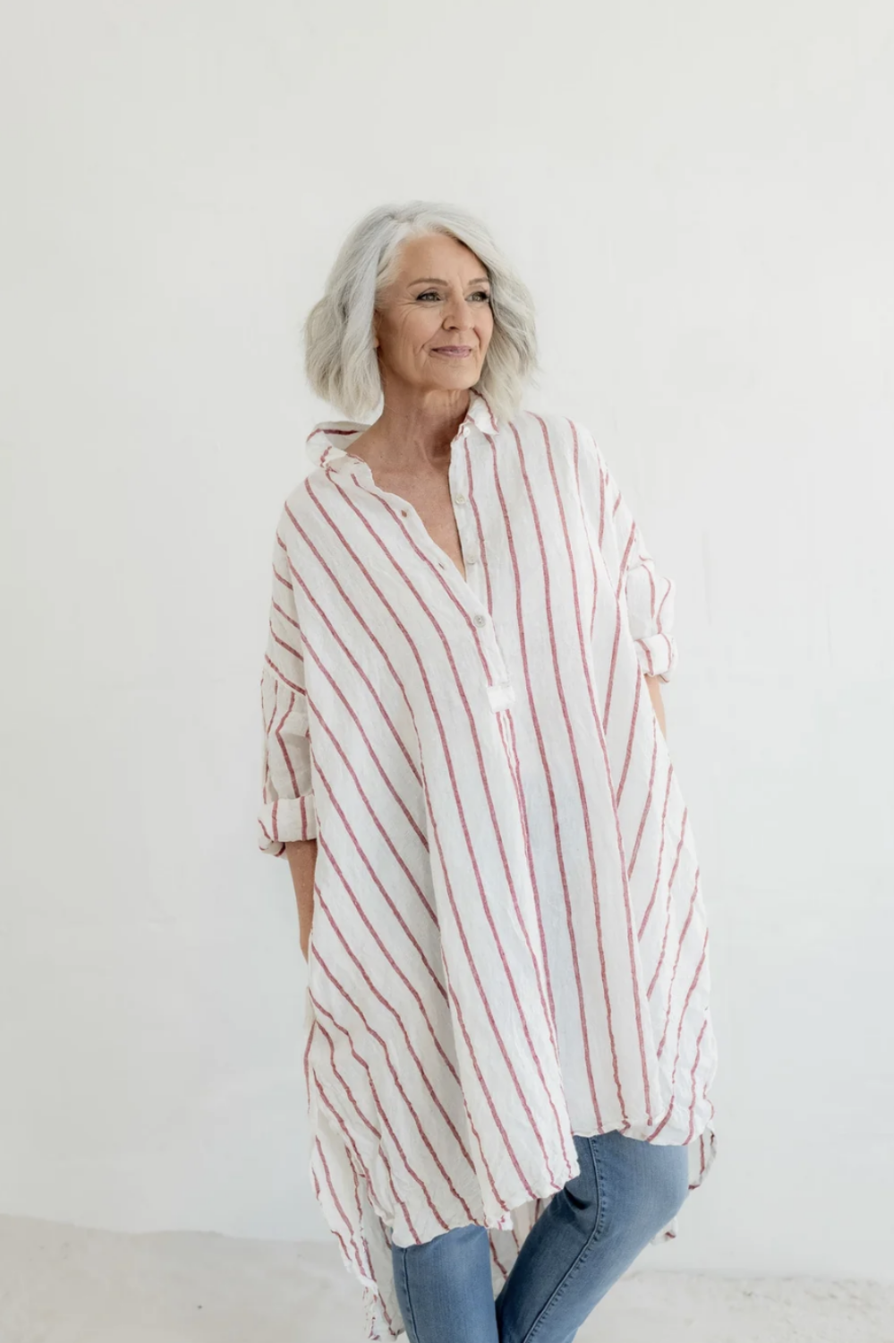 MEG BY DESIGN HARPER LINEN SHIRT RED NAUTICAL STRIPE