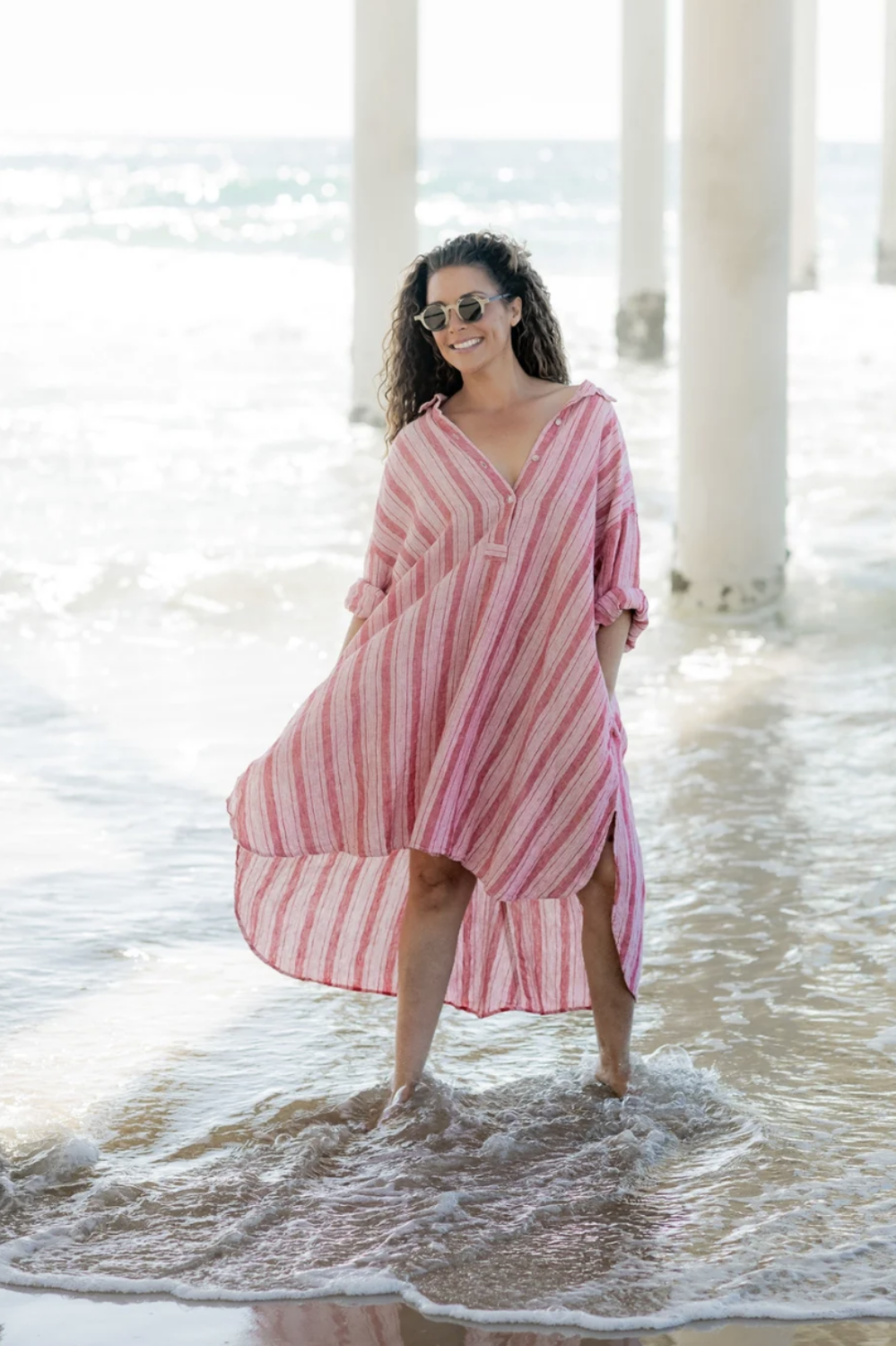 MEG BY DESIGN HARPER LINEN SHIRT RED TICKING