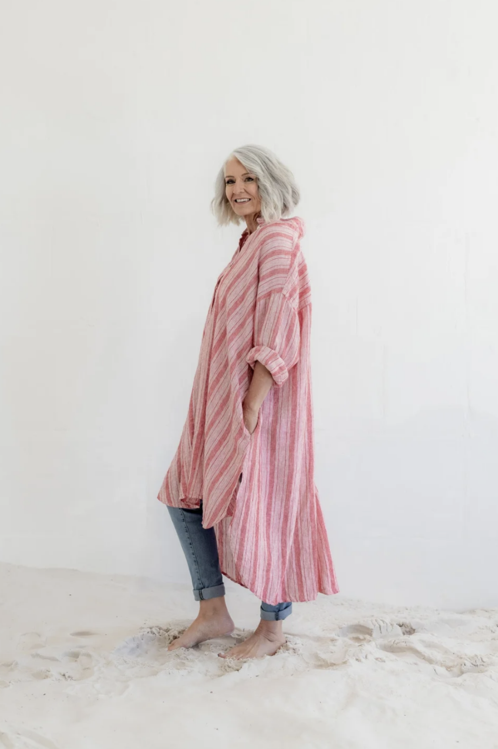MEG BY DESIGN HARPER LINEN SHIRT RED TICKING