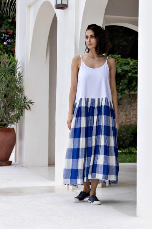 MEG BY DESIGN HIGH TEA SLIP LINEN BLUE CHECK