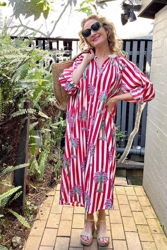 ROSELLE CABANA BUTTON THROUGH DRESS RED