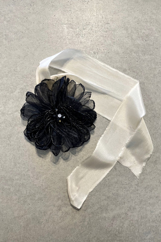 BLACK FLORAL CORSAGE ON CREAM SILK SASH