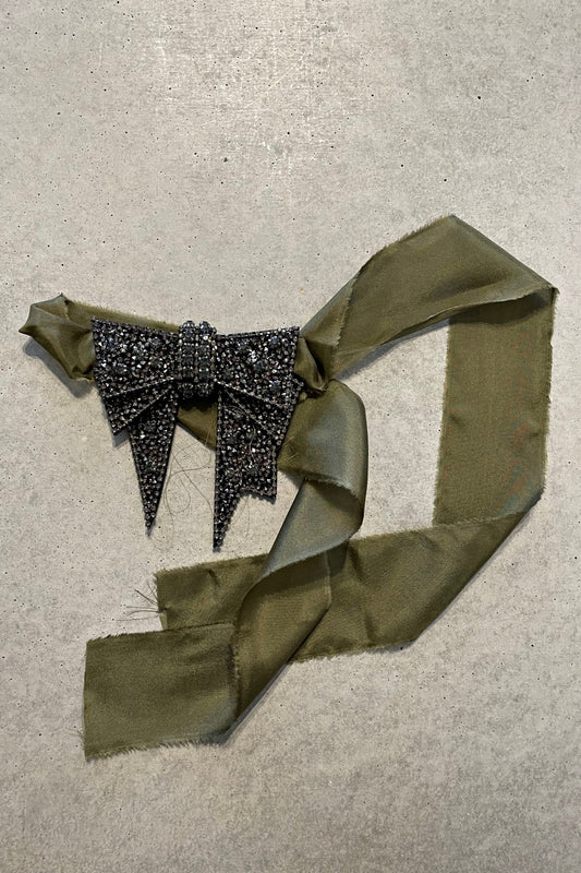 TAKE A BOW BROOCH ON SILK SASH KHAKI