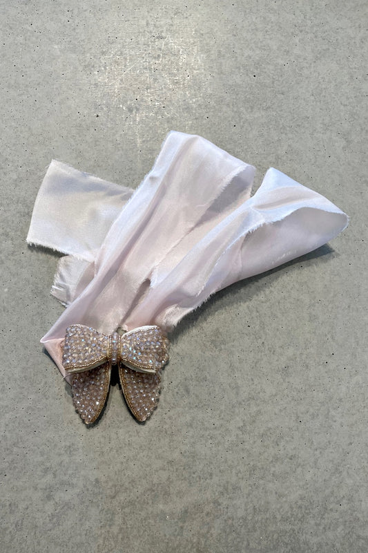 TAKE A BOW BROOCH ON SILK SASH PALE PINK