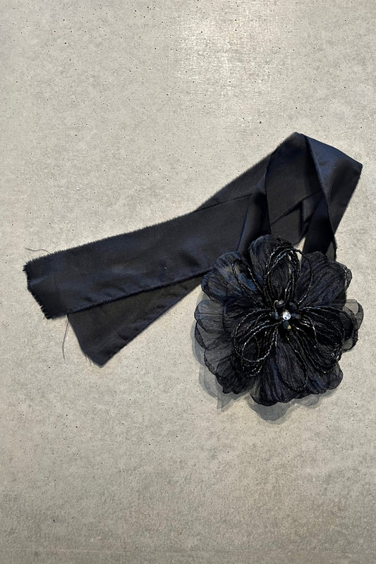 BLACK FLORAL CORSAGE SILK SASH