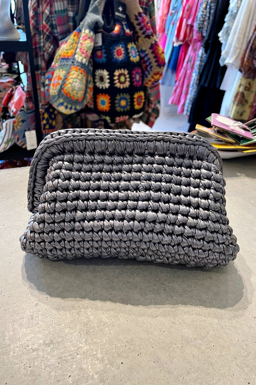 ST BARTS WOVEN CLUTCH SILVER