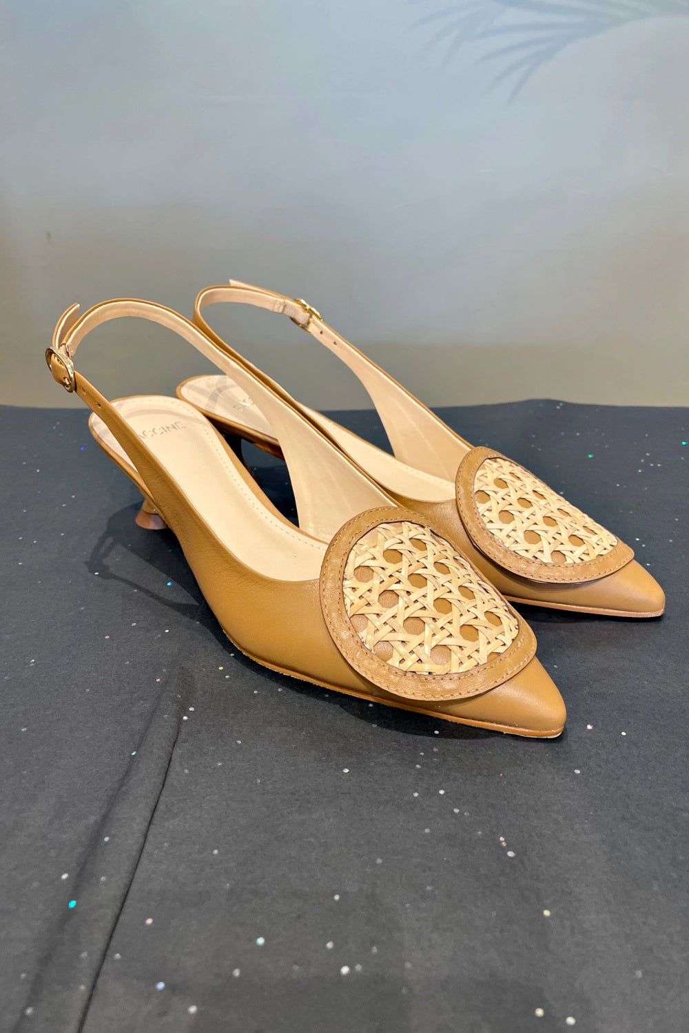 FACCINE RATTAN SLINGBACK HEELS CAMEL