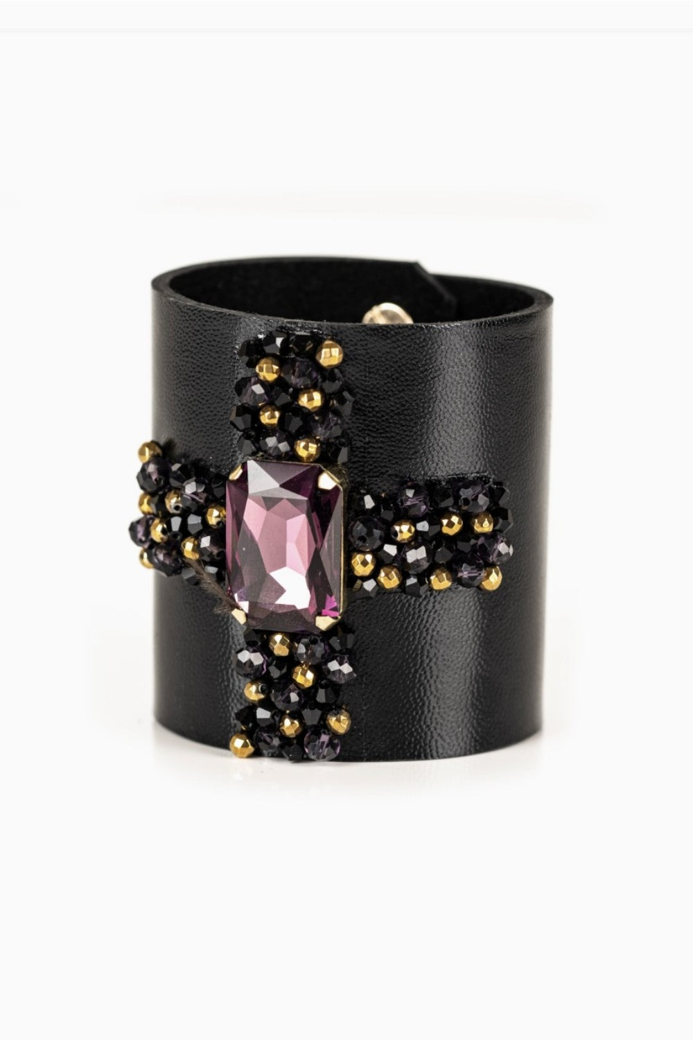 THE DARK IMPERIAL AMETHYST CROSS CRYSTAL LEATHER CUFF