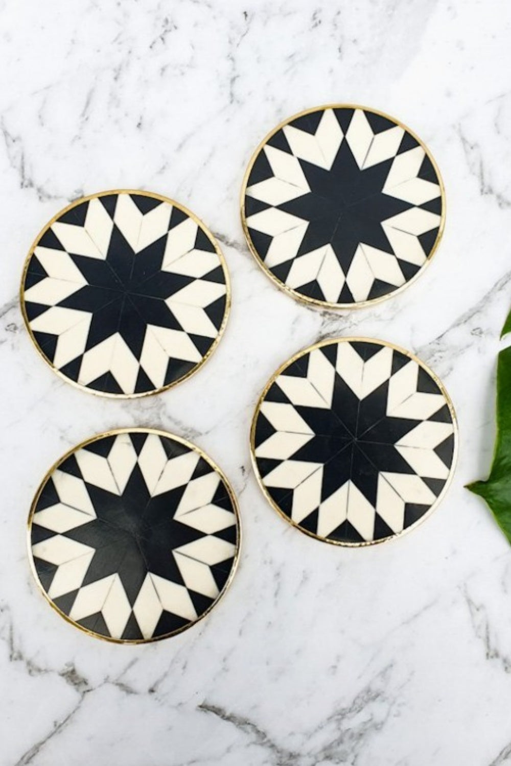 BLACK, WHITE + GOLD INLAY COASTERS SET OF 4