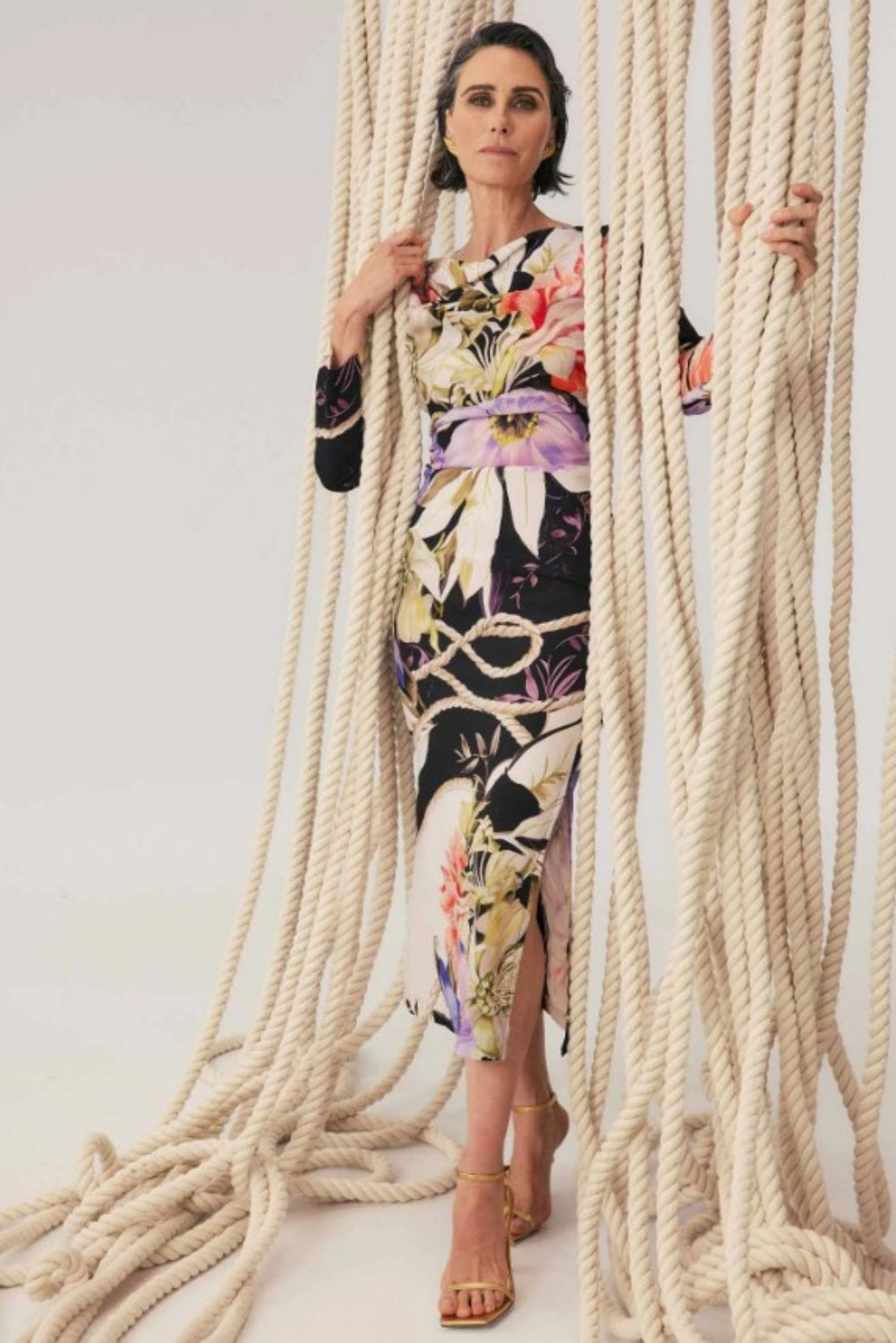 ONCE WAS JAYDEN CUPRO VISCOSE STRETCH ASYMMETRICAL NECK DRESS  IN TANGLED BLOSSOM