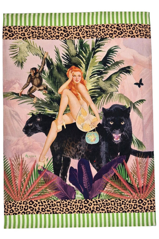 QUEEN K JUNGLE WALK PINK WILD RETRO 100% LINEN TEA TOWEL