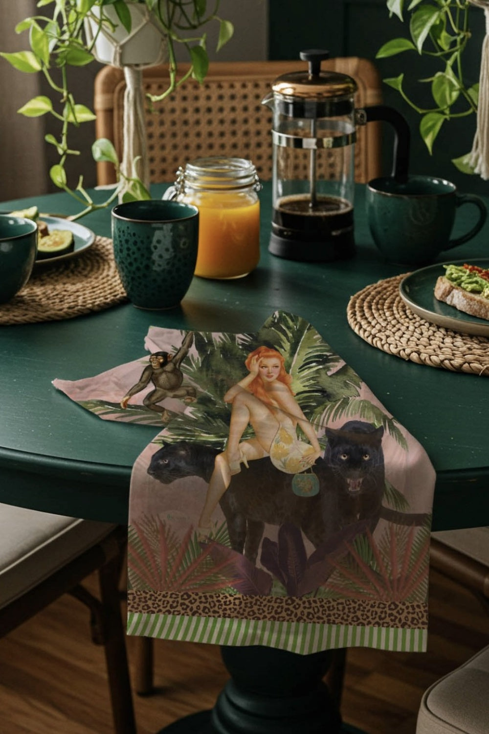 QUEEN K JUNGLE WALK PINK WILD RETRO 100% LINEN TEA TOWEL