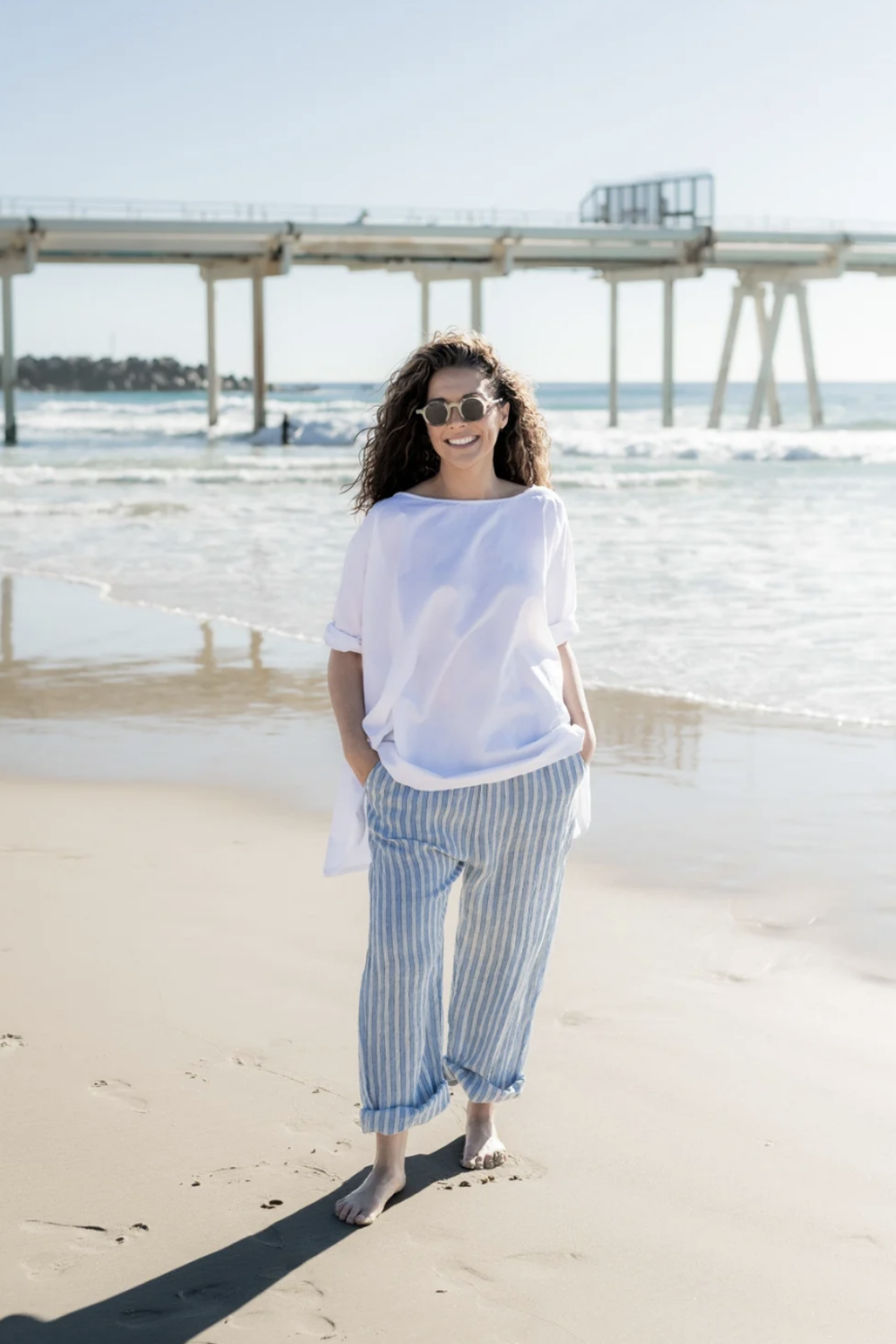 MEG BY DESIGN KIRRA LINEN PANT BLUE PINSTRIPE