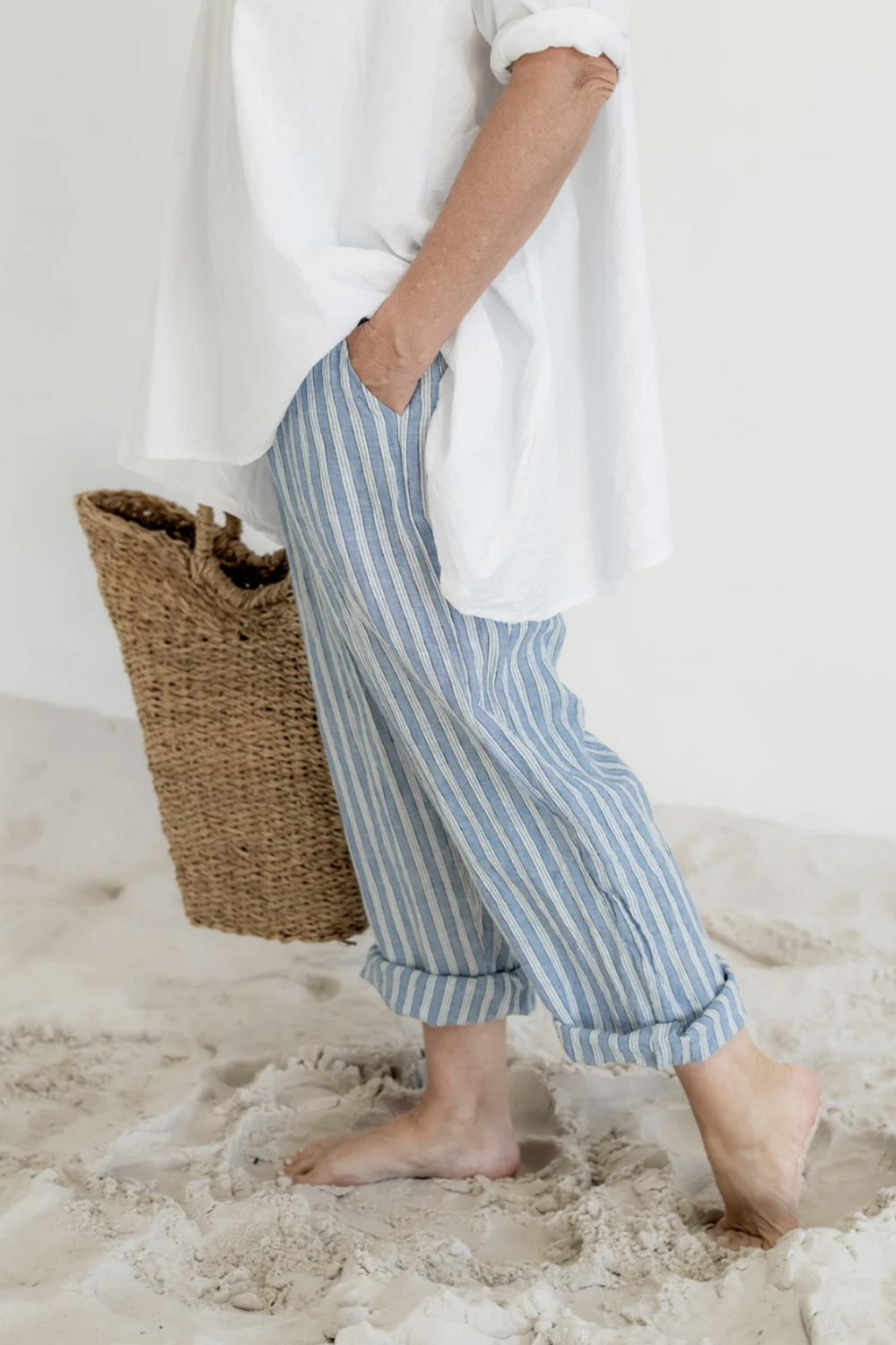 MEG BY DESIGN KIRRA LINEN PANT BLUE PINSTRIPE