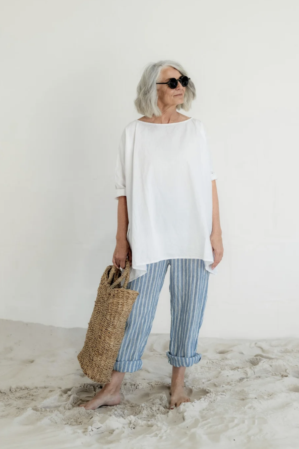 MEG BY DESIGN KIRRA LINEN PANT BLUE PINSTRIPE