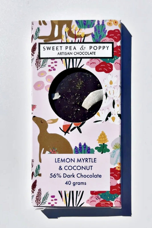 SWEET PEA + POPPY LEMON MYRTLE + COCONUT DARK CHOCOLATE 40G