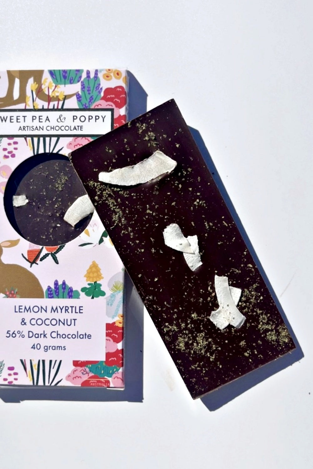 SWEET PEA + POPPY LEMON MYRTLE + COCONUT DARK CHOCOLATE 40G