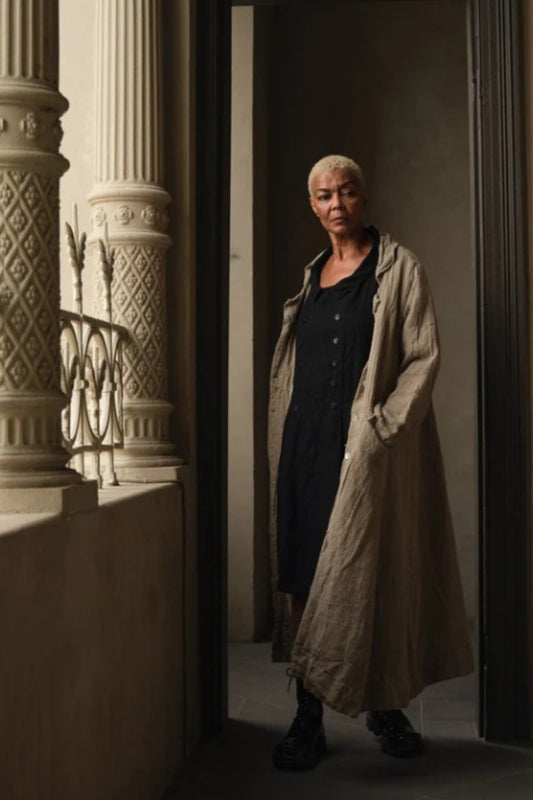 MEG BY DESIGN OLIVIER RAW LINEN COAT NATURAL STRIPE