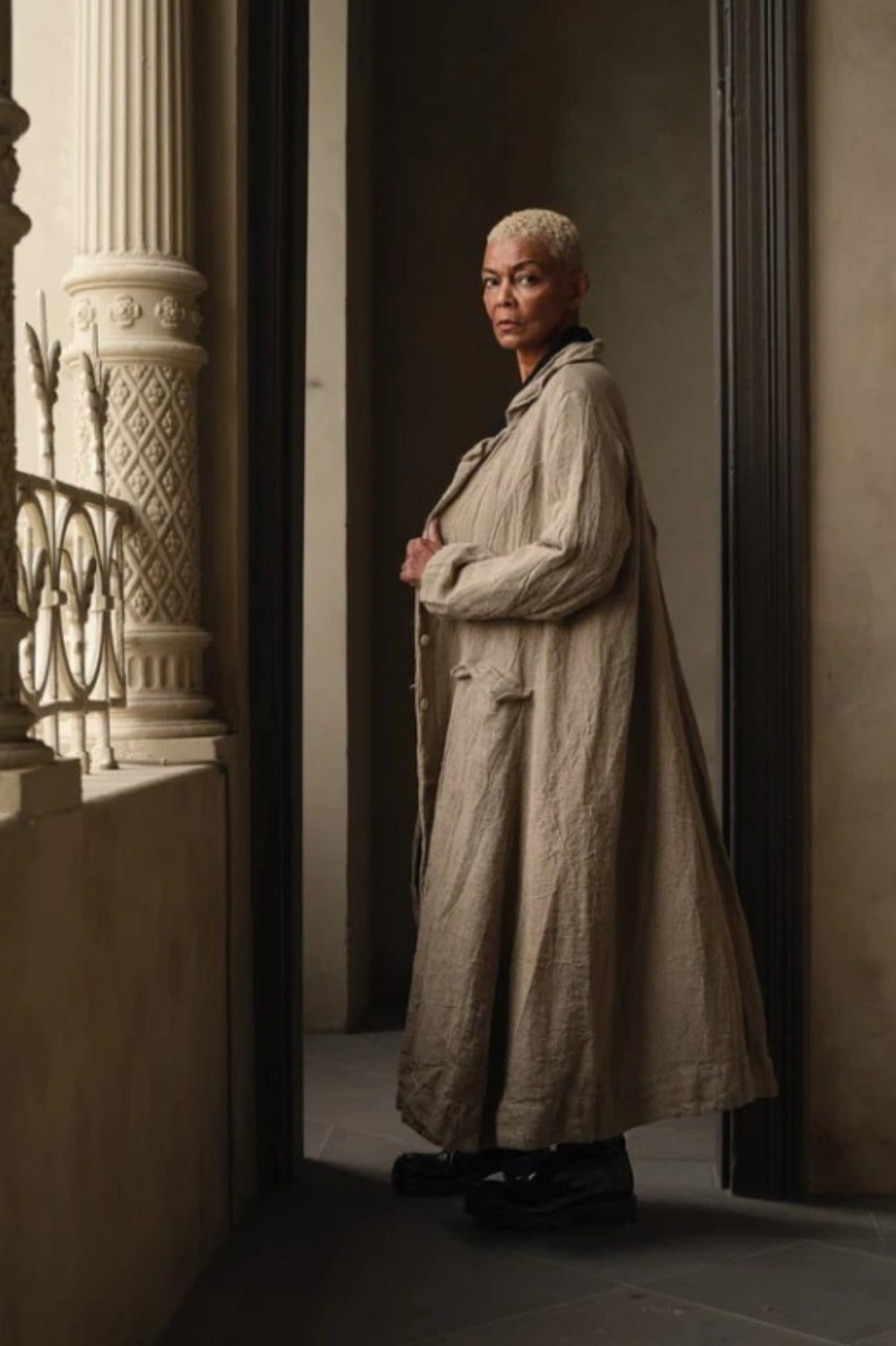 MEG BY DESIGN OLIVIER RAW LINEN COAT NATURAL STRIPE