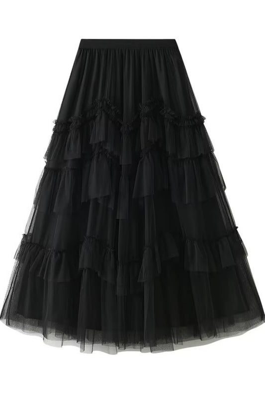 QUEENIE PIROUETTE RUFFLED TULLE SKIRT BLACK
