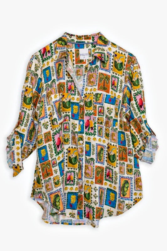 HUT CLOTHING POSTCARD PRINT BOYFRIEND LINEN SHIRT