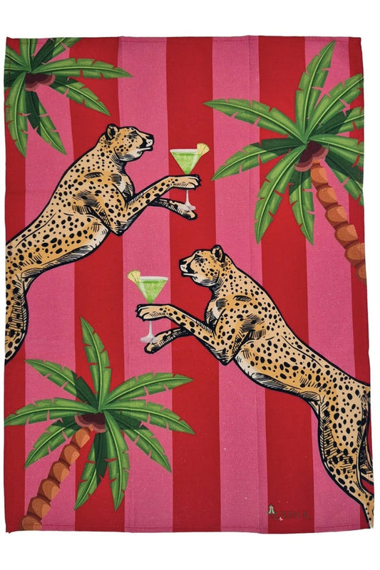 QUEEN K COCKTAIL CHEETAH PINK + RED 100% LINEN TEA TOWEL