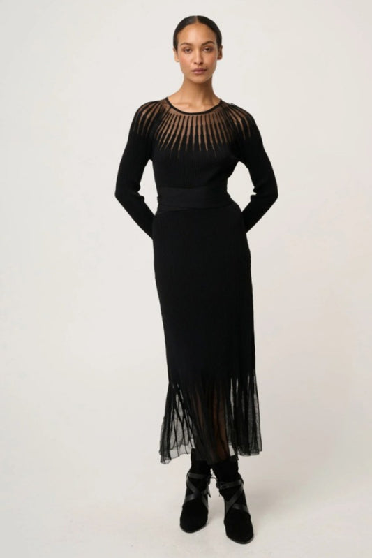 ONCE WAS RHIANNON VISCOSE NYLON SHEER NECKLINE DETAIL KNIT DRESS BLACK