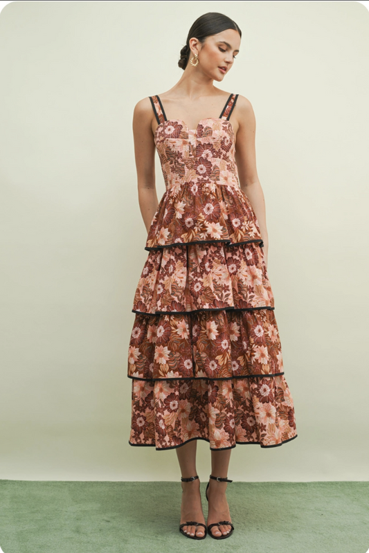 WALLFLOWER TIERED FLORAL MIDI DRESS