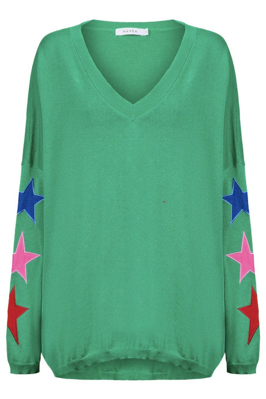 HAVEN VERMONT STAR V NECK JUMPER GREEN