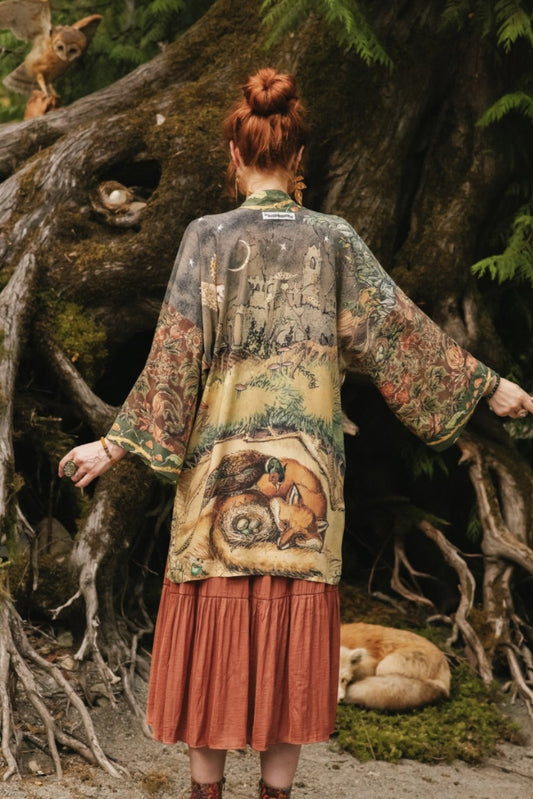PRE-ORDER MARKET OF STARS WOODLAND WISDOM MATINEE KIMONO WITH FLORALS, FOX + OWL