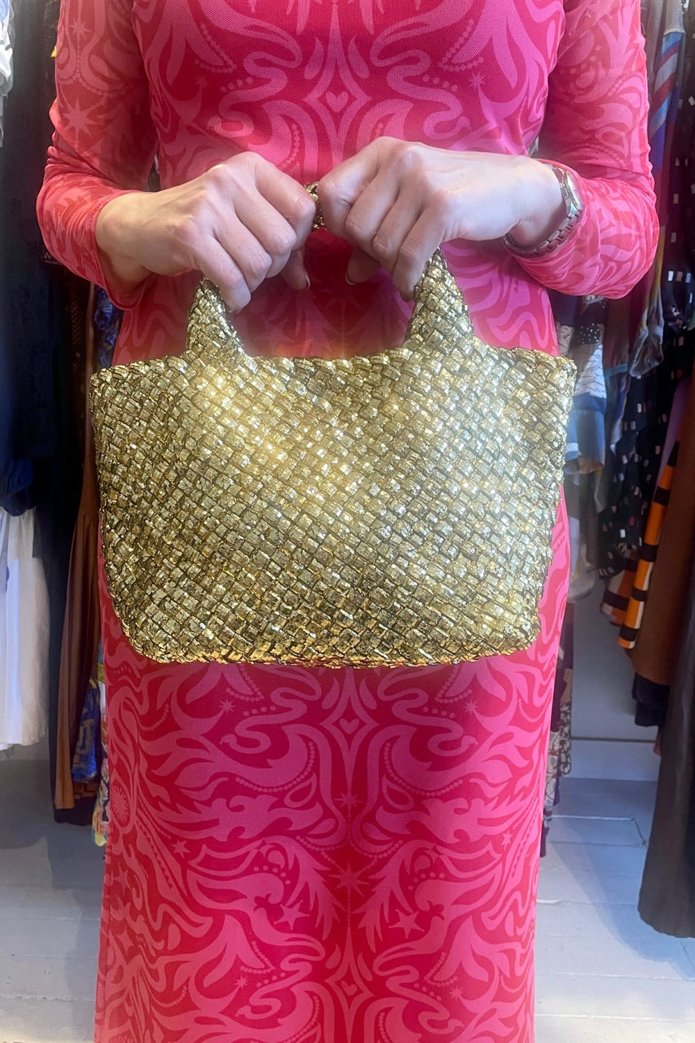 ROSELLE AGNES METALLIC WOVEN NEOPRENE TOTE GOLD