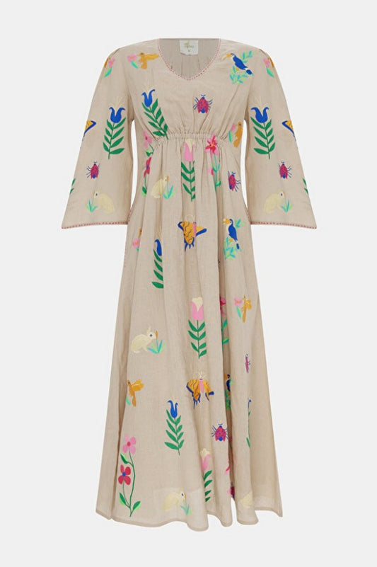 NIMO WITH LOVE APPLE DRESS WITH MEXICAN STYLE EMBROIDERY BEIGE