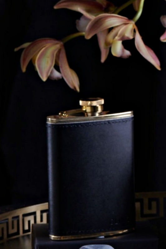 BLACK LEATHER + BRASS HIP FLASK