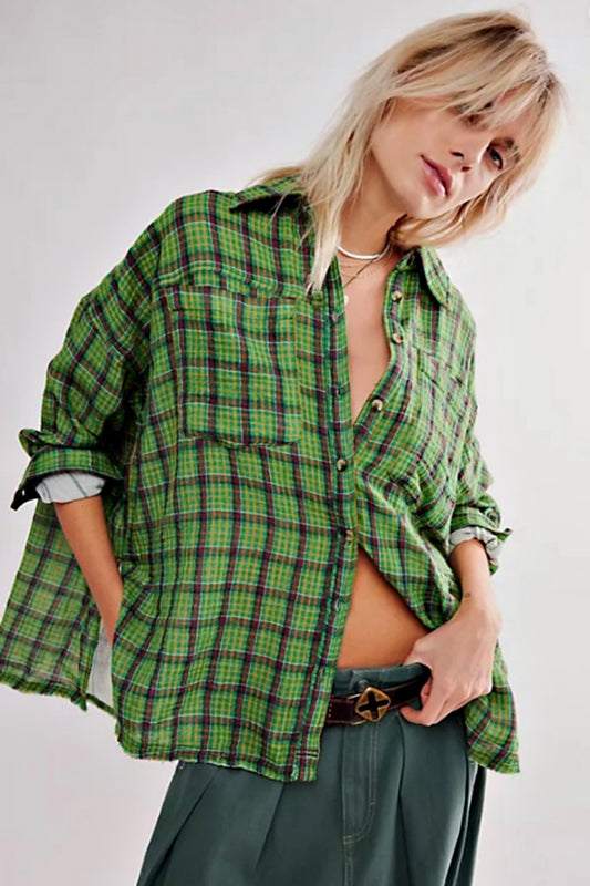 FREE PEOPLE CARDIFF PLAID SHIRT GREEN