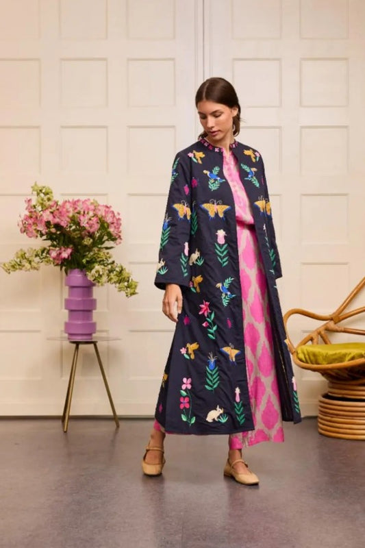 NIMO WITH LOVE CHILI PEPPER COAT WITH MEXICAN EMBROIDERY NAVY
