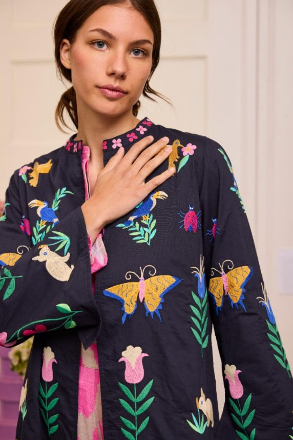 NIMO WITH LOVE CHILI PEPPER COAT WITH MEXICAN EMBROIDERY NAVY