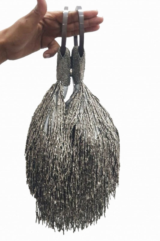DAISY BEADED FRINGED EVENING BAG PEWTER