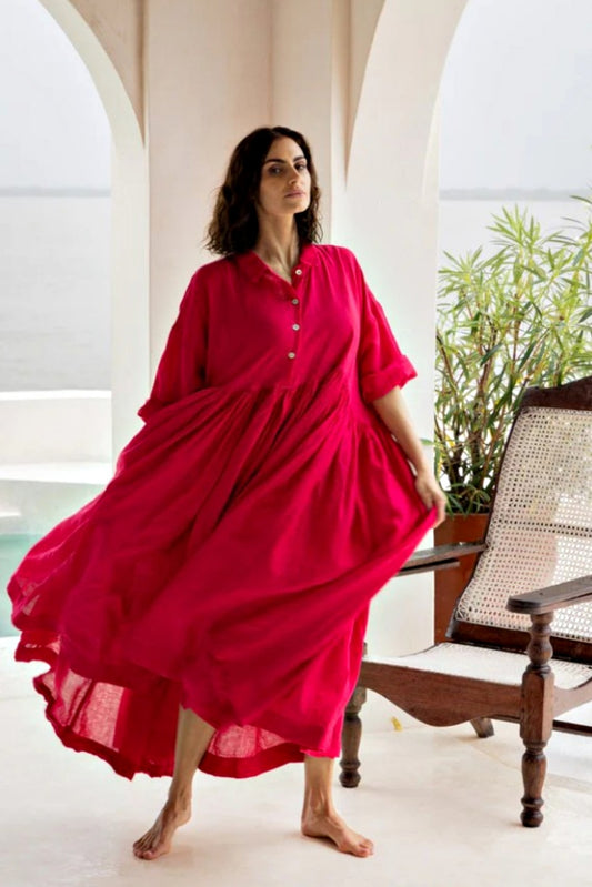 MEG BY DESIGN EDITH DRESS LINEN FUCHSIA