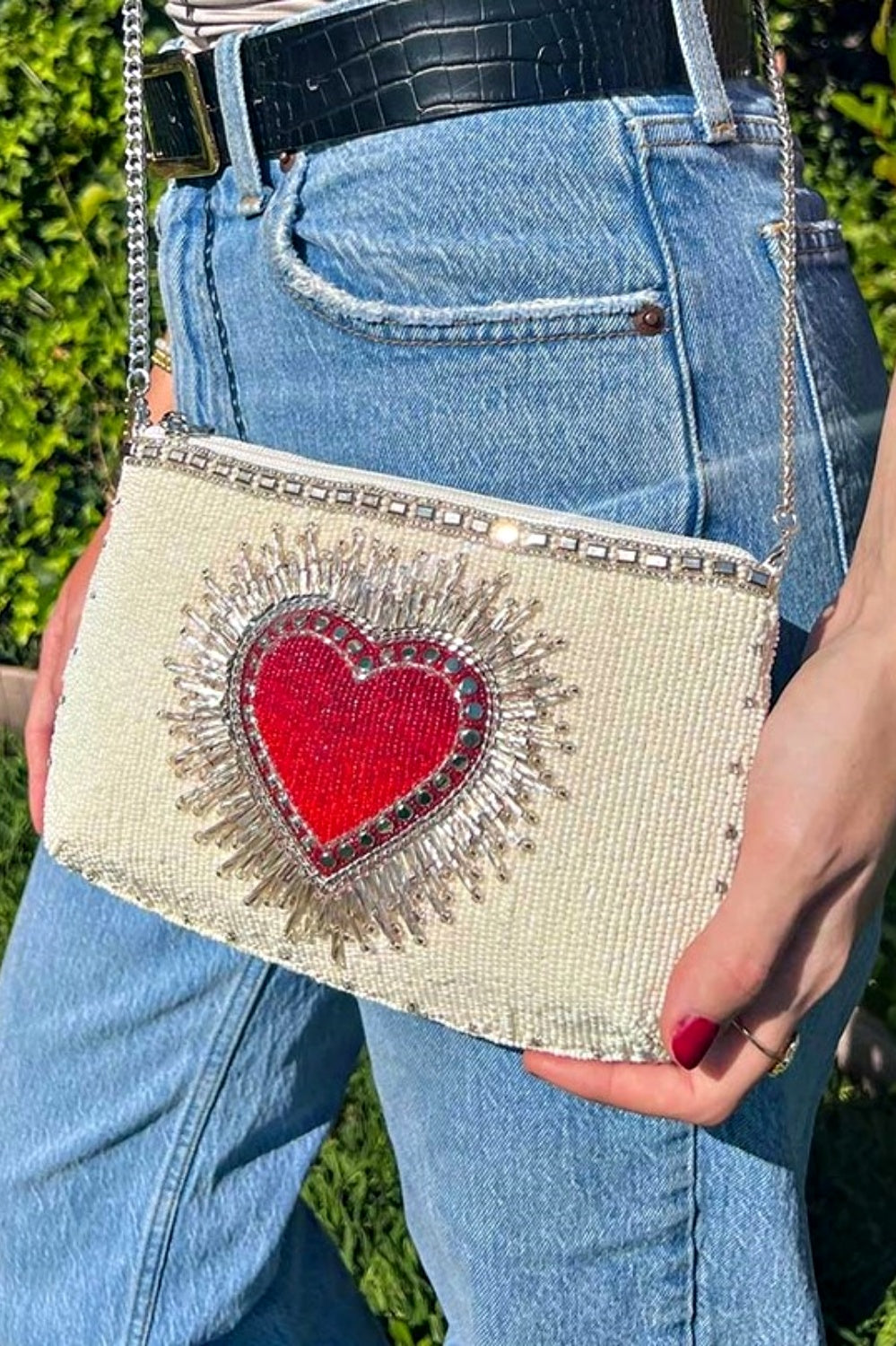 MARY FRANCES FOLLOW YOUR HEART BEADED SHOULDER BAG